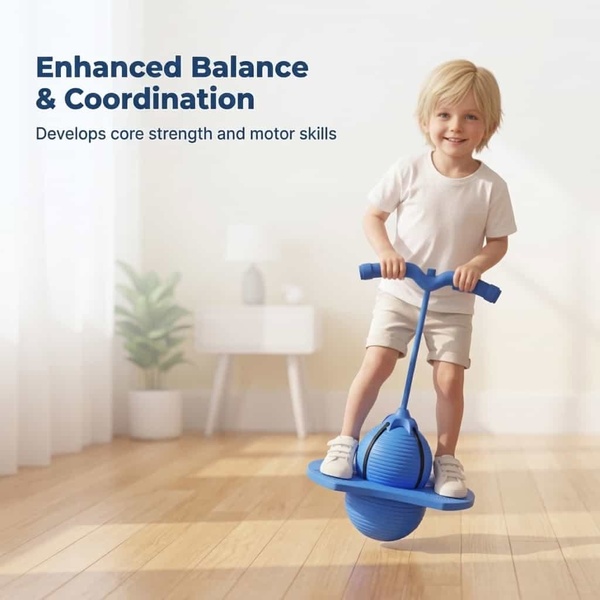 A clean, bright lifestyle ad showing a young child using a blue pogo jumper, focusing on the core benefit of developing motor skills.